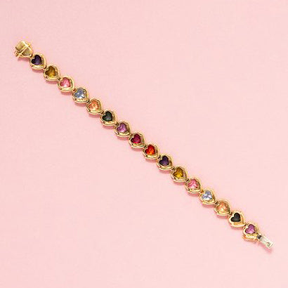 Multi Gemstone Heart Link Bracelet in 18ct Yellow Gold, set with amethyst, green tourmaline, citrine, blue tourmaline, pink tourmaline, peridot, iolite and almandine garnet