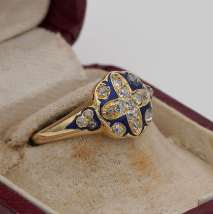 Victorian Antique Royal Blue Enamel and Old Mine Cut Diamond Cross Cluster Ring