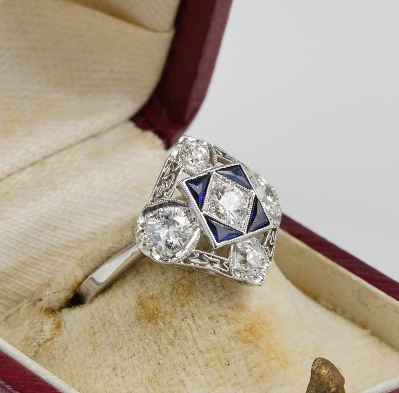 Art Deco 1.5ct Diamond and Sapphire Dress Ring in Platinum