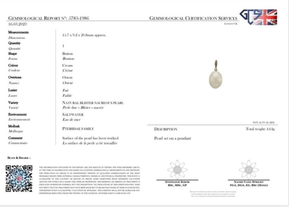 Early Victorian Antique Natural Blister Pearl Pendant with Diamonds with Certificate