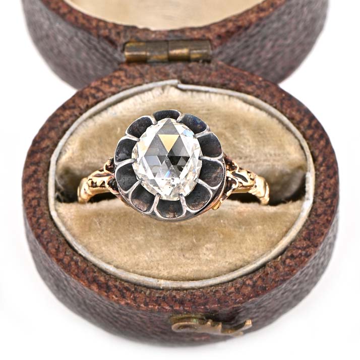 Late Georgian Early Victorian Antique 1.80ct Rose Cut Diamond Solitaire Engagement Ring, in oxidised silver setting to 18ct gold shank with carved detailing