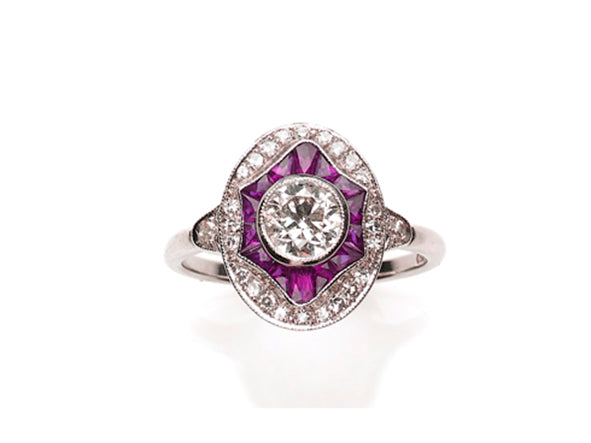 Art Deco style ruby diamond target ring calibre cut new design 18 gold