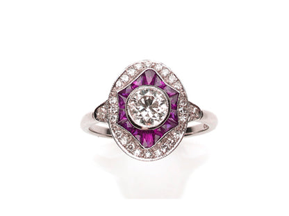 Art Deco style ruby diamond target ring calibre cut new design 18 gold