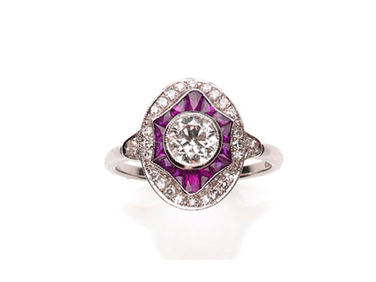 Art Deco style ruby diamond target ring calibre cut new design 18 gold