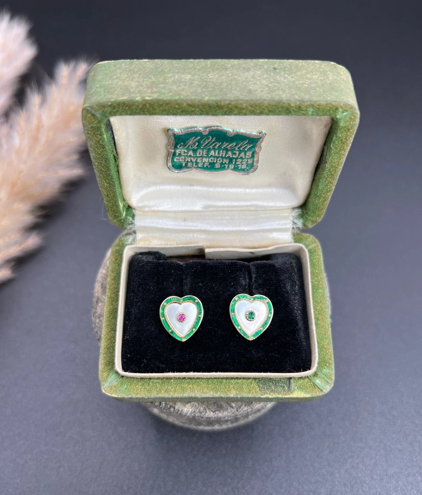 Antique 15ct Yellow Gold, 1920s Mother of Pearl, Green Enamel, Ruby & Emerald Heart Shaped Stud Earrings