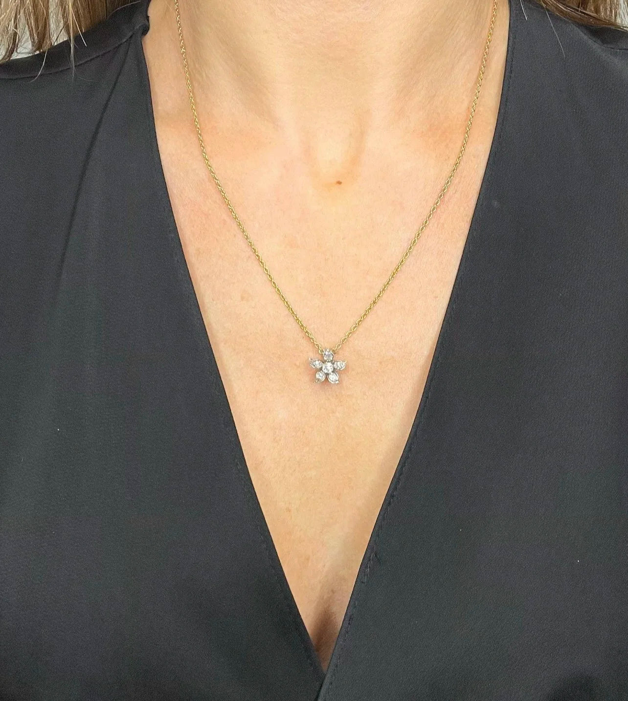 Antique 9 Carat Gold, Victorian Old Cut Diamond Flower Pendant Necklace