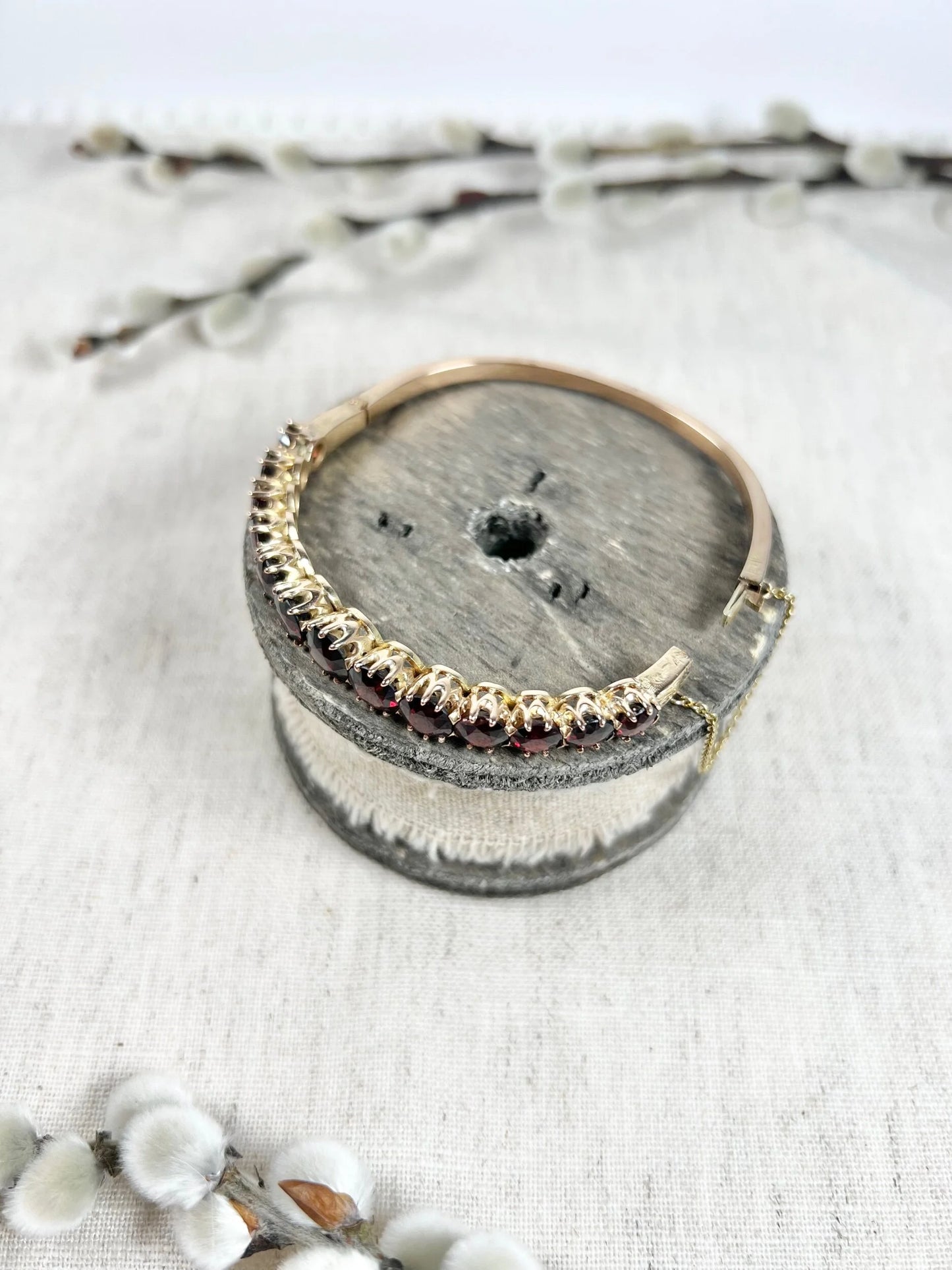 Antique Edwardian 14 Carat Gold Faceted Garnet Bangle Bracelet, Circa 1900
