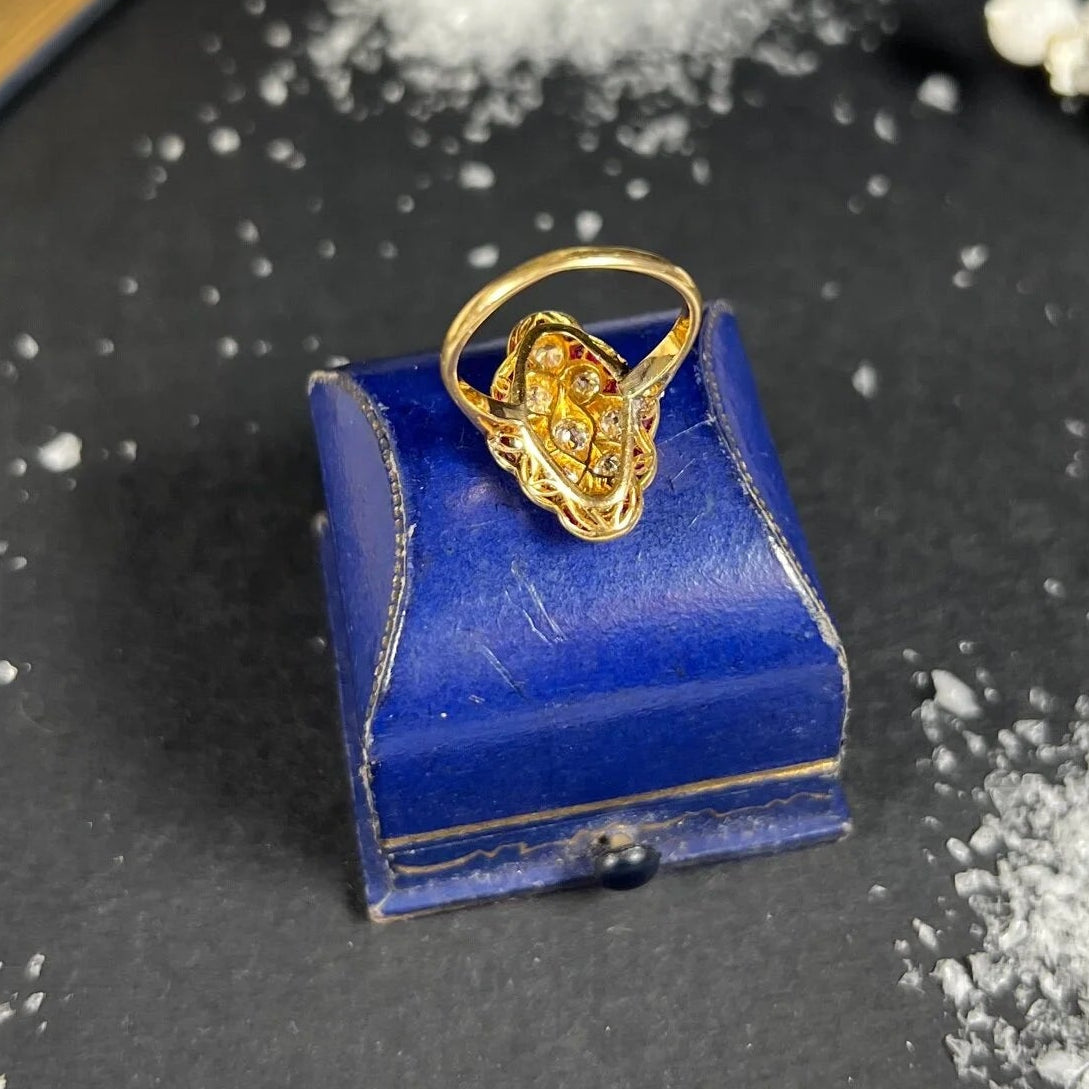 Antique French Art Deco Ruby Diamond Marquise Cluster Ring