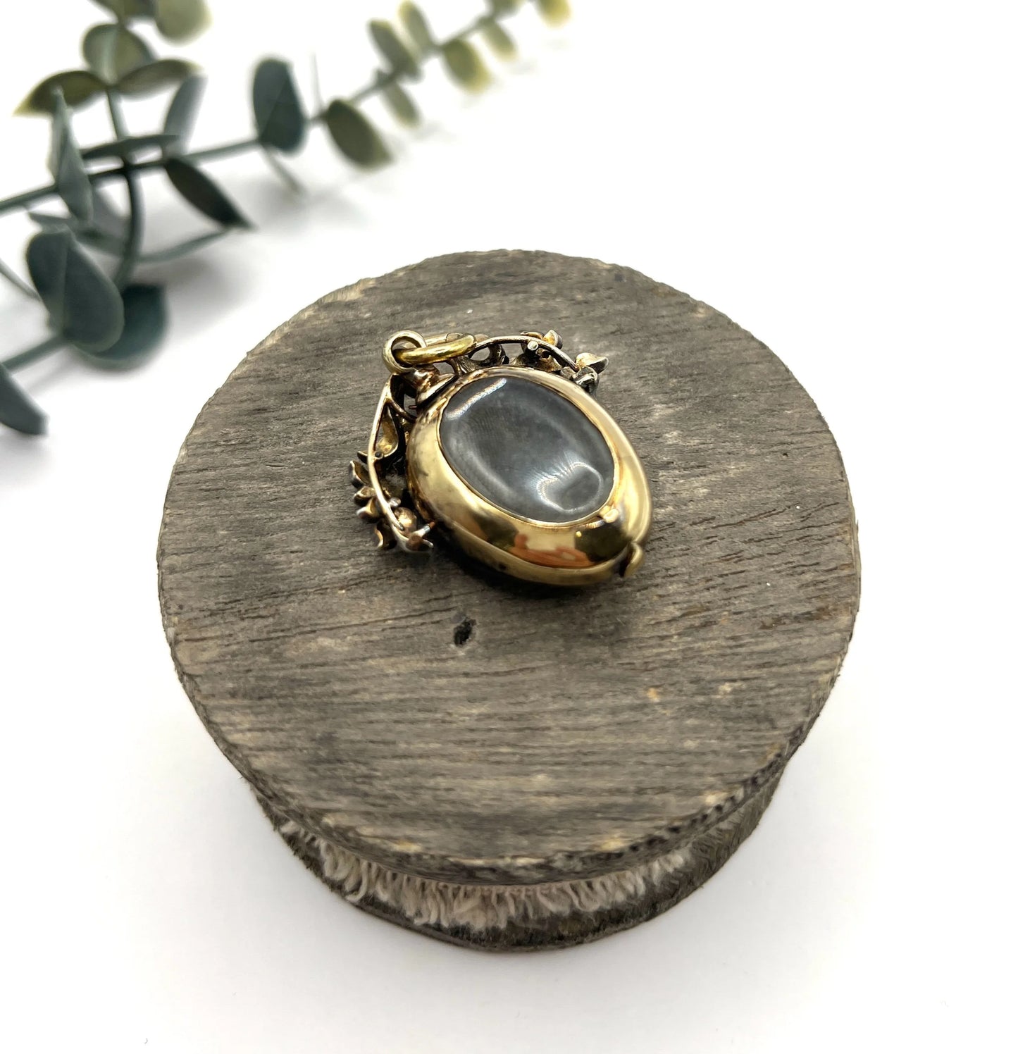 Early Victorian Antique Cabochon Garnet and Diamond Locket Pendant in Original Henry Tessier Box
