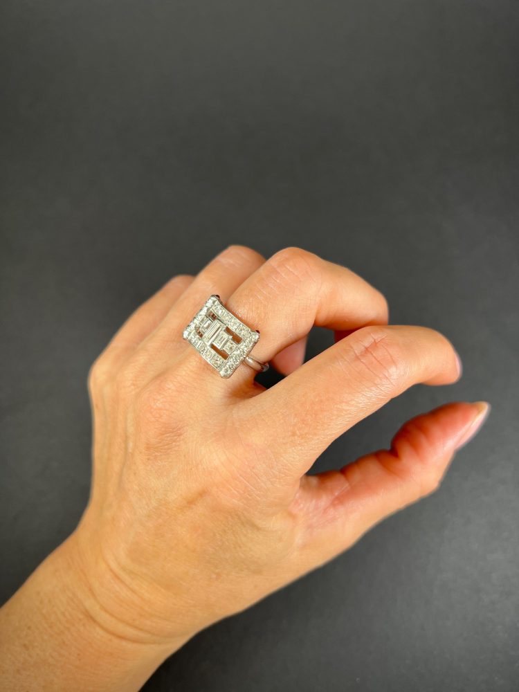Vintage Diamond And Ruby Buckle Style Cocktail Ring In Platinum