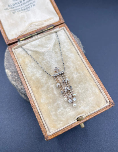Antique 18ct Gold & Platinum, Edwardian Diamond and Pearl Pendant Necklace