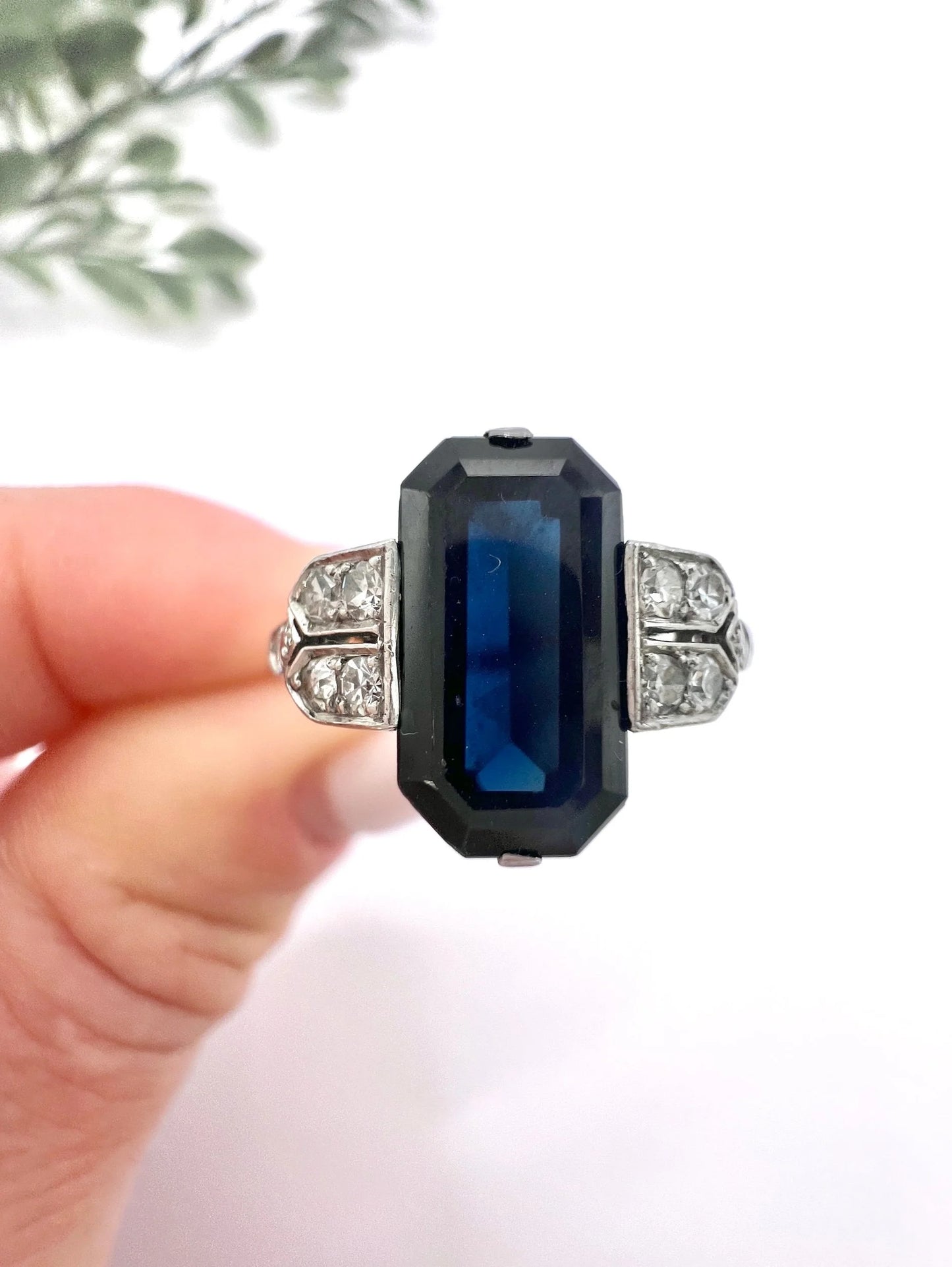 Antique Platinum, 1920s Original Art Deco Rectangular Sapphire & Diamond Ring