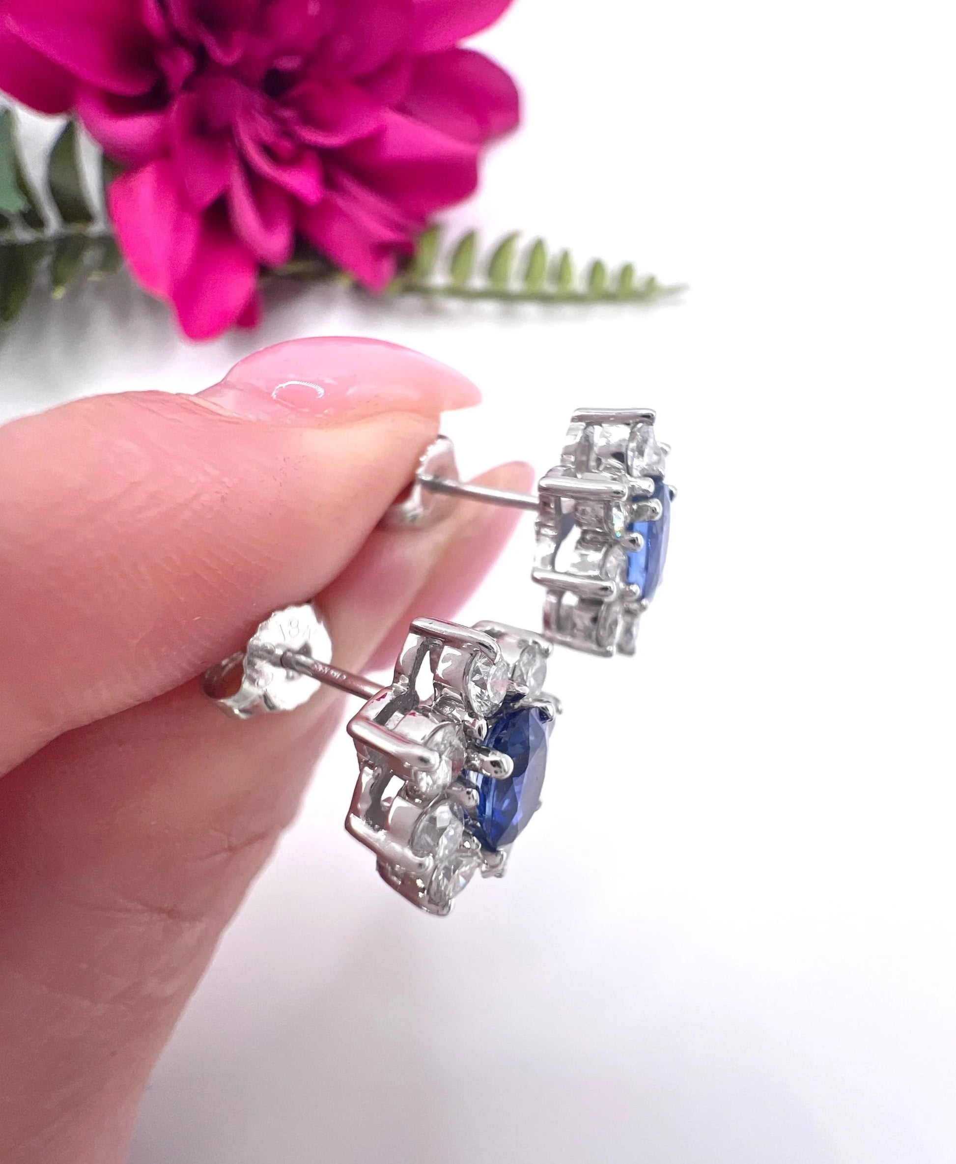 Vintage 18 ct White Gold, 1980's Natural Sapphire And Diamond Oval Cluster Earrings