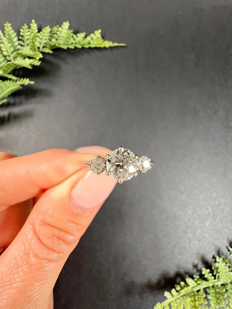 Vintage Three Stone Diamond Engagement Ring In 14 Carat White Gold