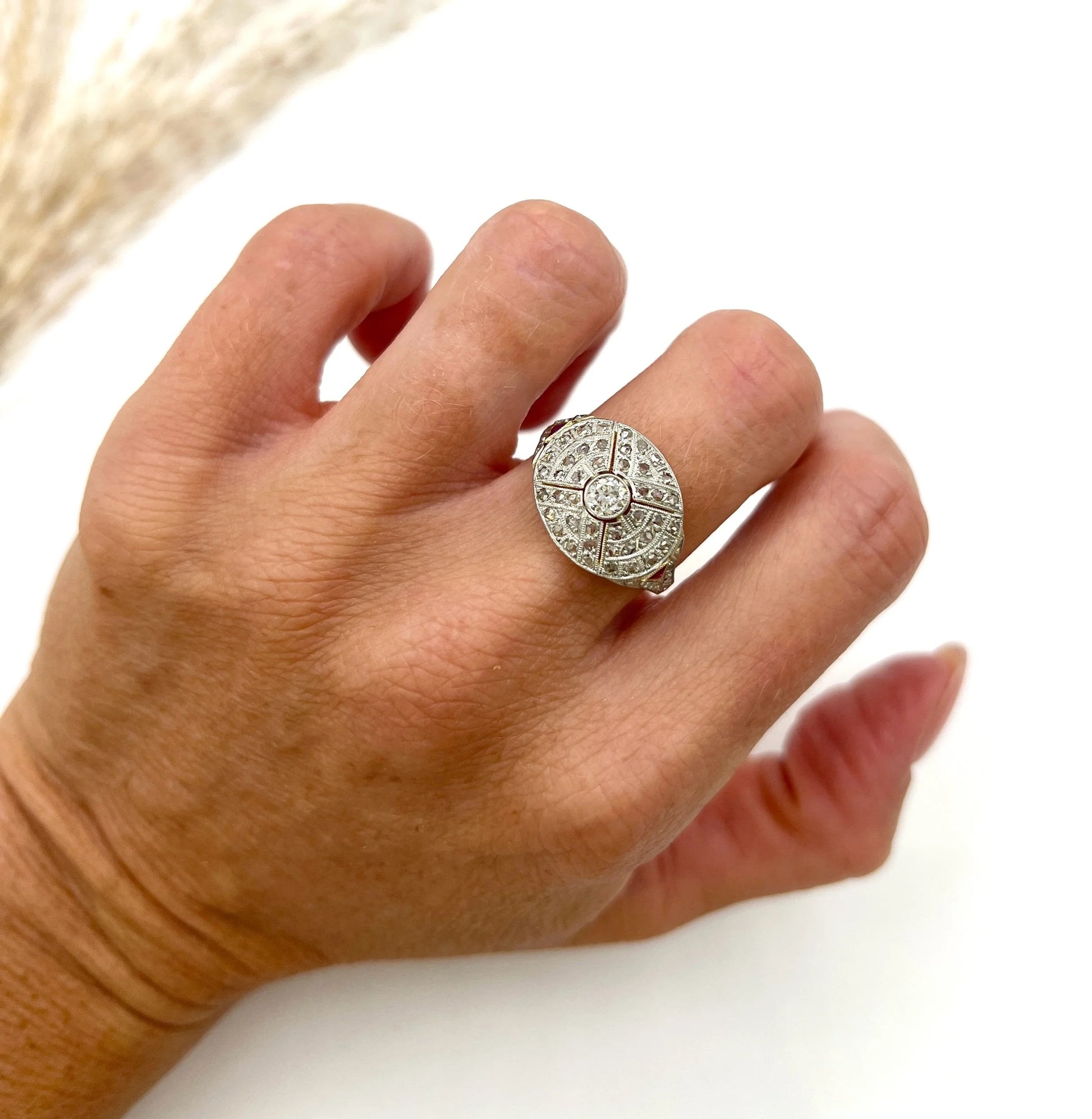 Antique 18 Carat Gold, Platinum, Diamond and Ruby Bombé Ring, Circa 1910