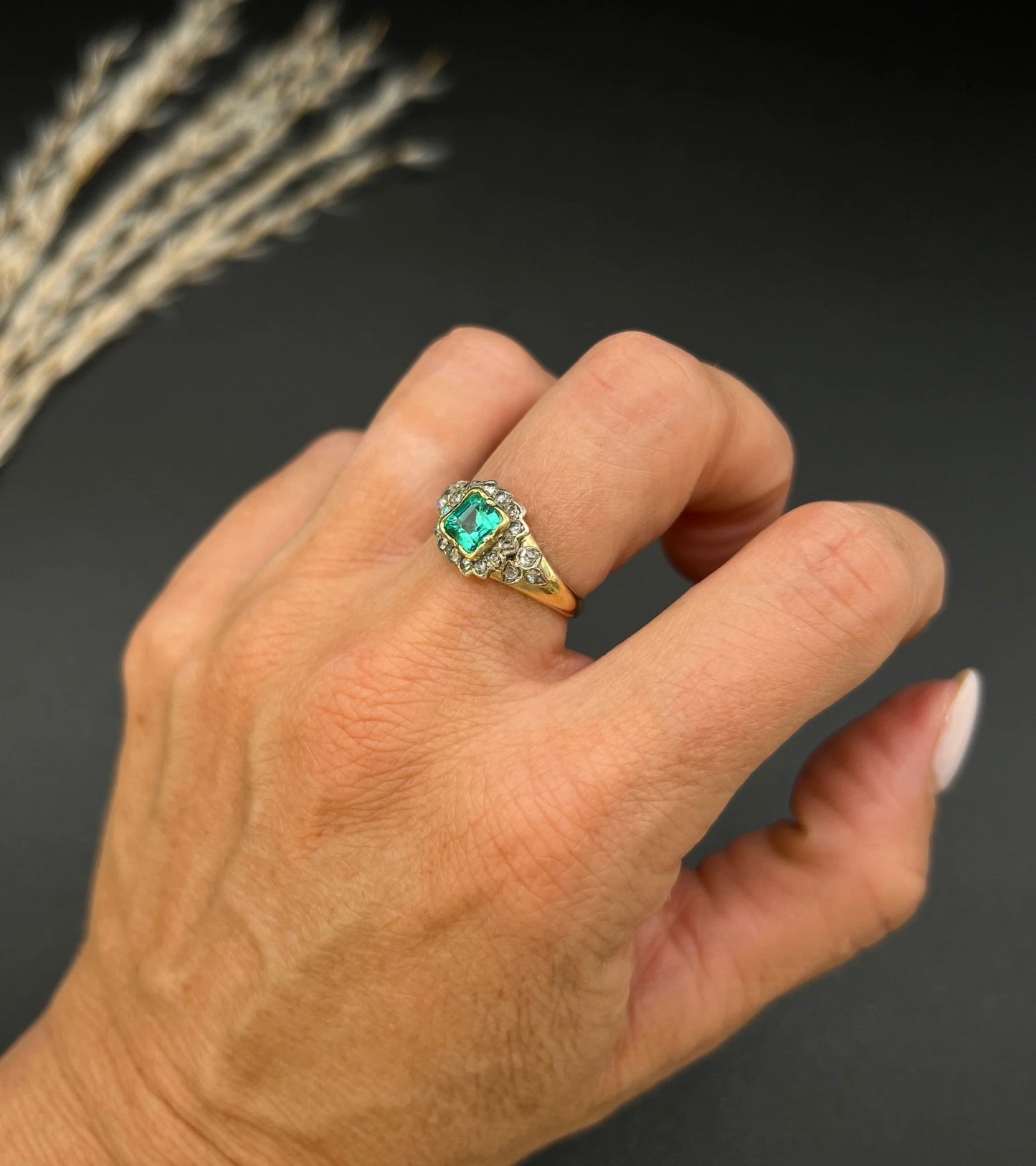 Victorian 18 Carat Yellow Gold Emerald and Diamond Square Cluster Ring, Circa 1860