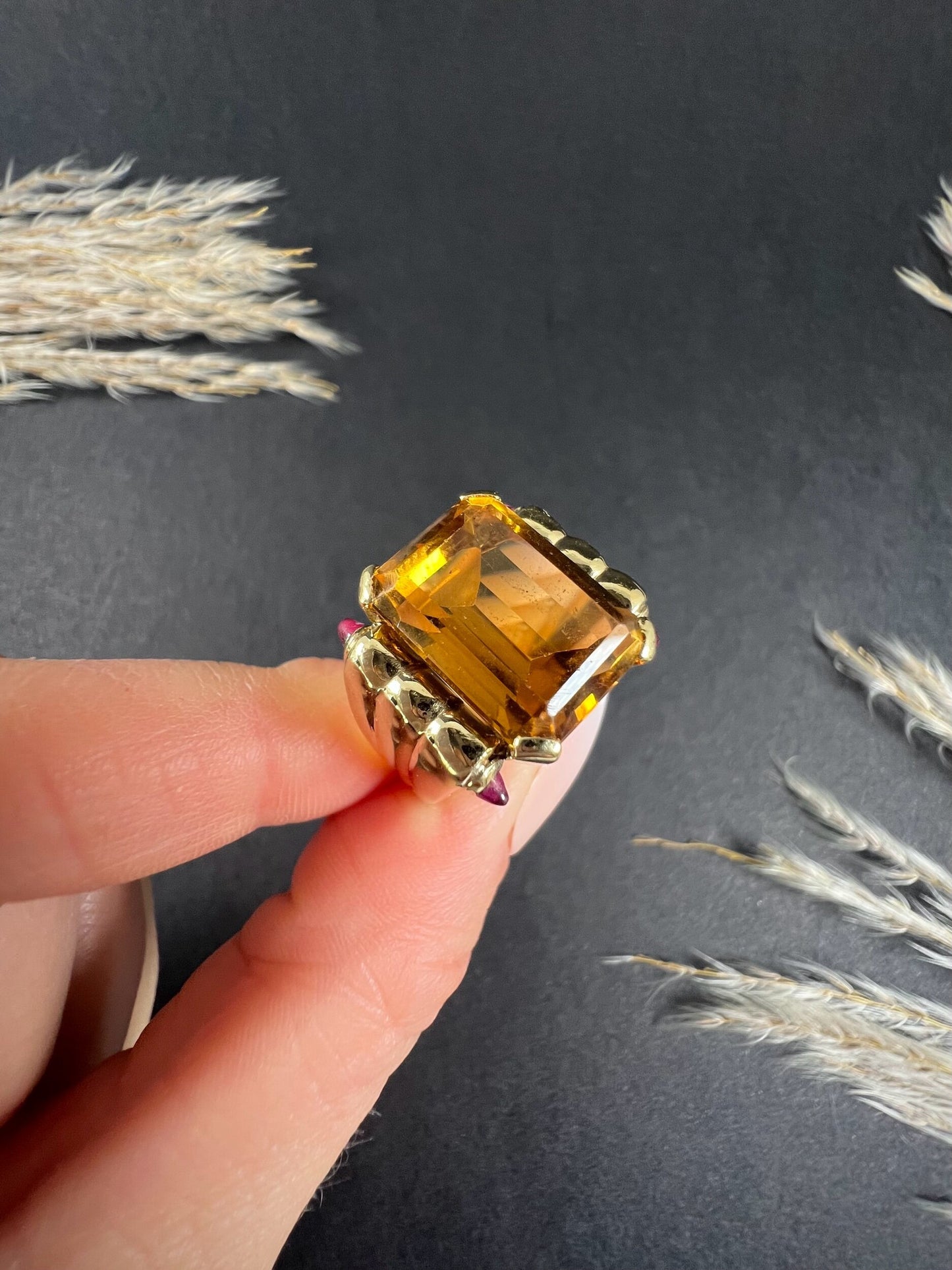Vintage 18 Carat Yellow Gold Citrine and Cabochon Ruby Cocktail Ring, Circa 1940