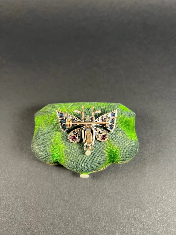 Antique Butterfly Brooch in 18 Carat Rose Gold And Silver With Gemstones