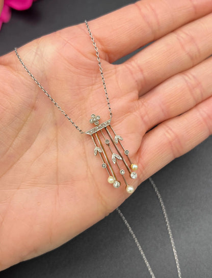 Antique 18ct Gold & Platinum, Edwardian Diamond and Pearl Pendant Necklace