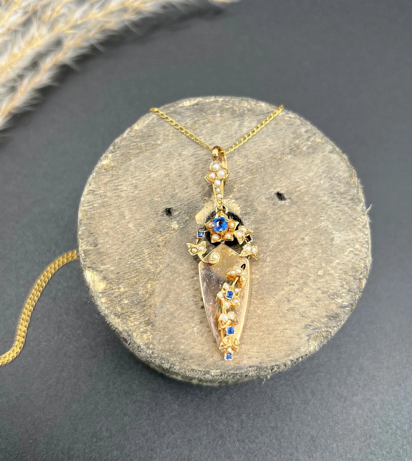 Antique 15 Carat Rose Gold Sapphire and Pearl Pendant, Circa 1900