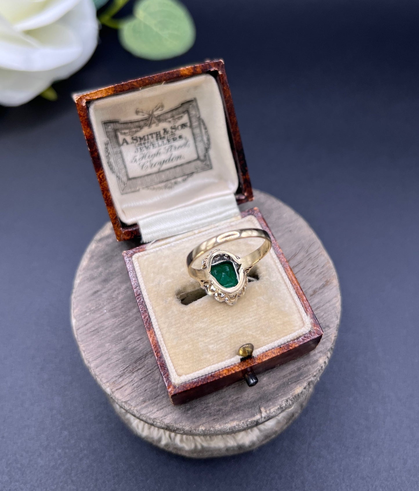 Vintage 18ct Gold, 1940s Emerald & Diamond Cluster Dress Ring