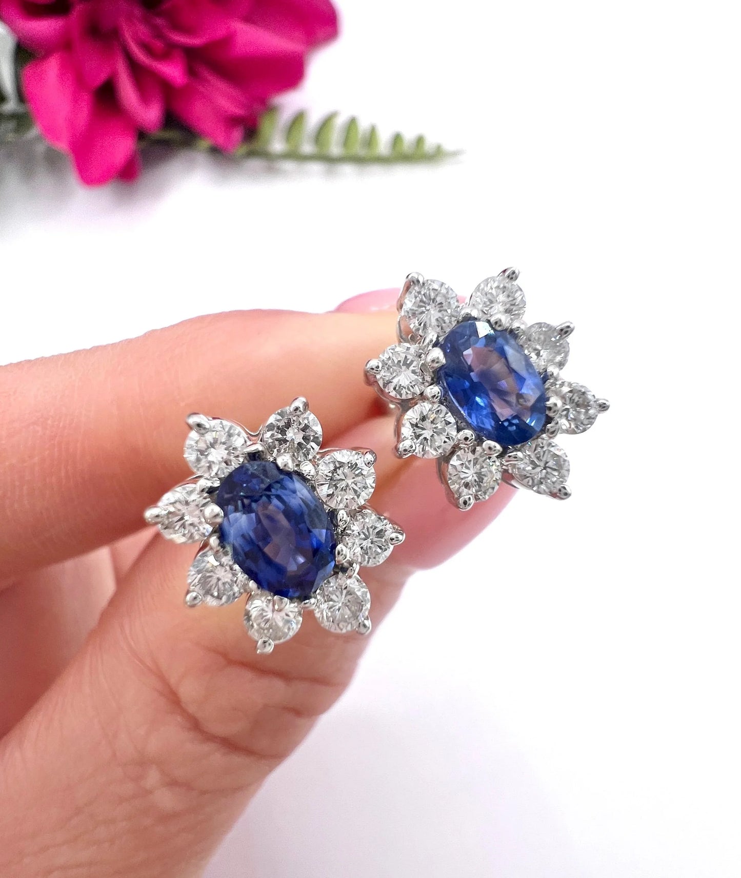 Vintage 18 ct White Gold, 1980's Natural Sapphire And Diamond Oval Cluster Earrings