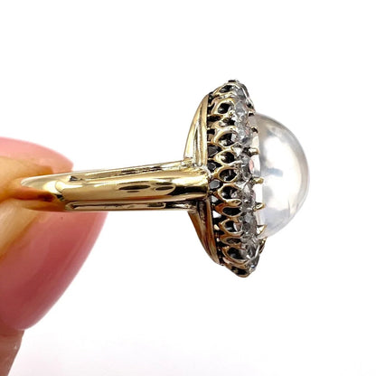 Victorian Antique Cabochon Moonstone and Diamond Cluster Ring