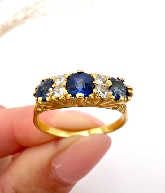 Antique 18 Carat Yellow Gold, Victorian Sapphire And Diamond Carved Seven Stone Ring
