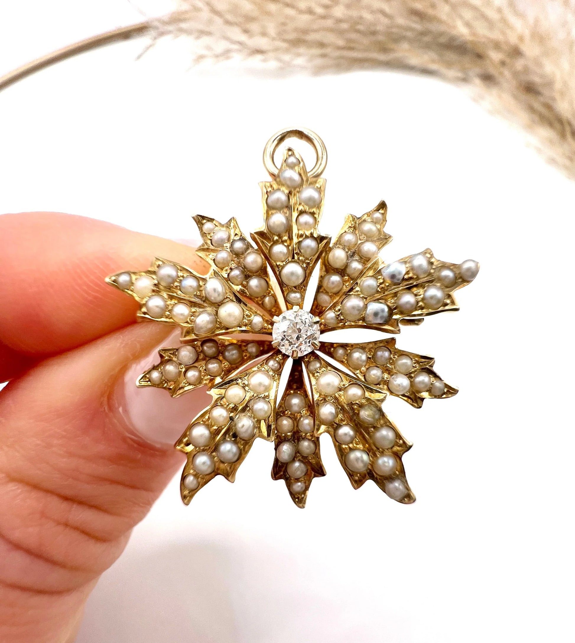 Antique 15 ct Gold, Edwardian Natural Seed Pearl And Diamond Flower Pendant/Brooch