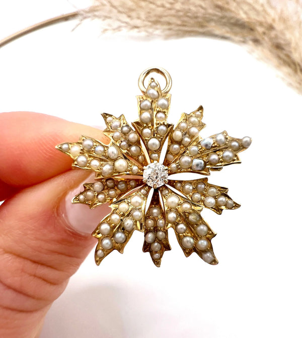 Antique 15 ct Gold, Edwardian Natural Seed Pearl And Diamond Flower Pendant/Brooch