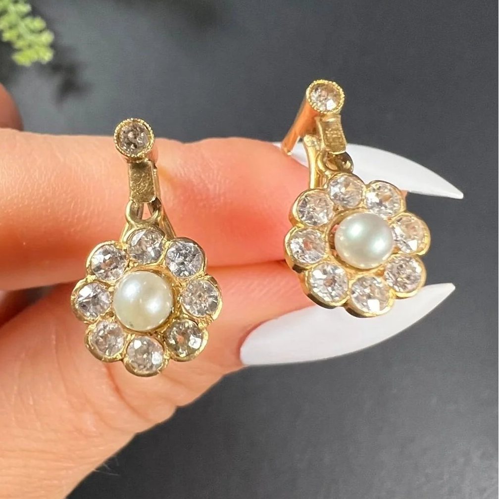 Edwardian Antique Natural Pearl and Old Cut Diamond Daisy Cluster Drop Earrings