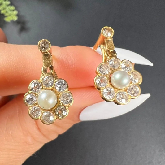 Edwardian Antique Natural Pearl and Old Cut Diamond Daisy Cluster Drop Earrings
