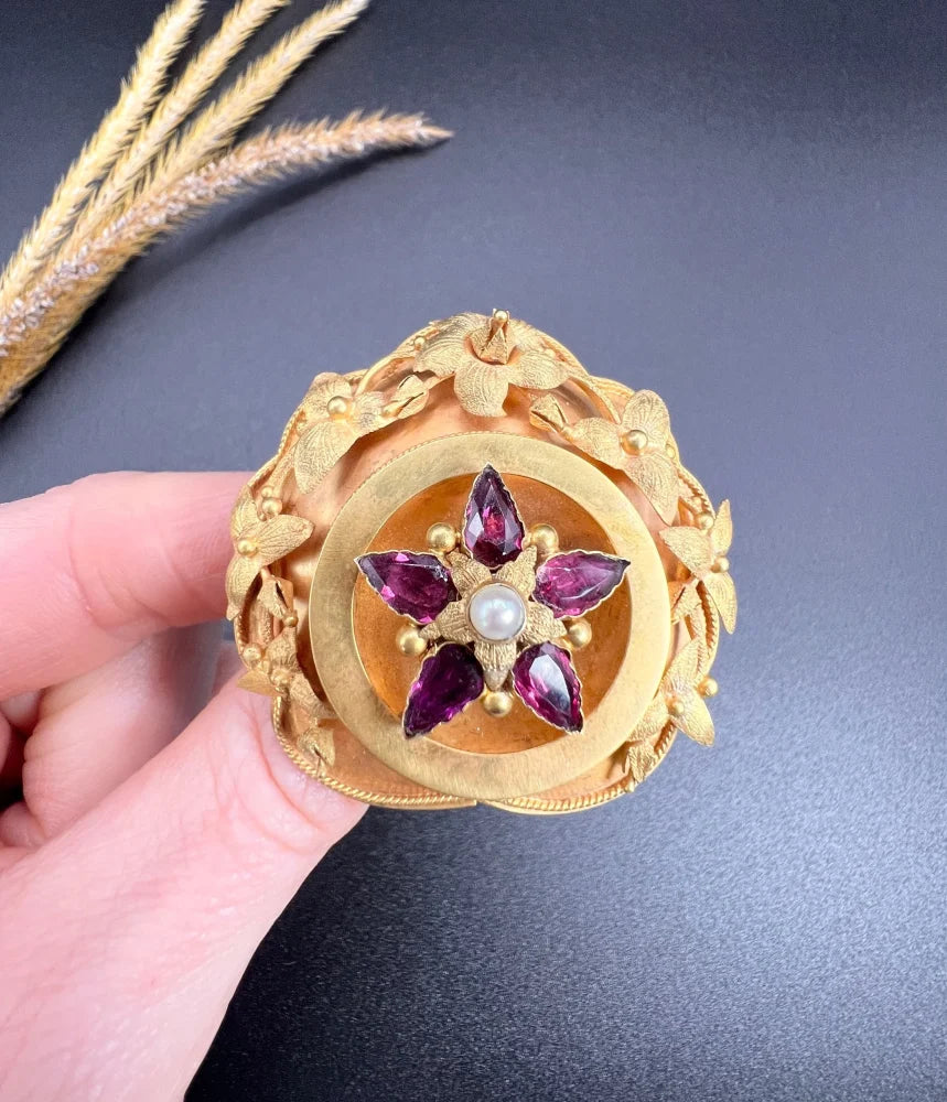 Antique Floral Etruscan Brooch In 15 Carat Yellow Gold