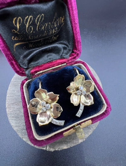 Vintage 18 Carat Yellow and White Gold Diamond Flower Earrings, Circa 1940