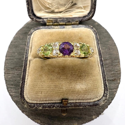 Edwardian Antique Amethyst Peridot and Diamond Carved Suffragette Ring