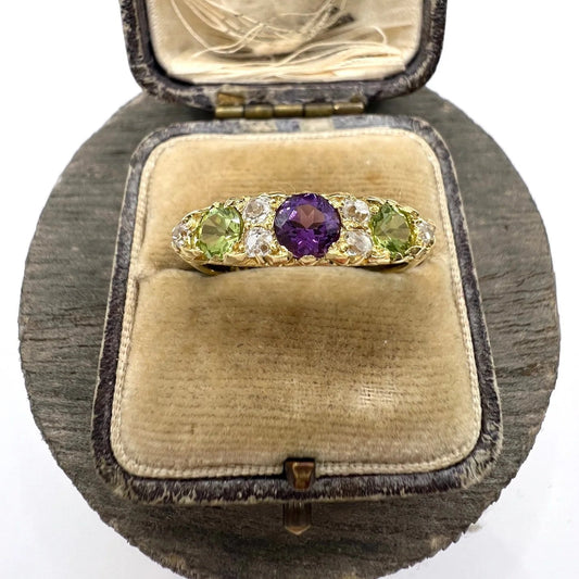 Edwardian Antique Amethyst Peridot and Diamond Carved Suffragette Ring
