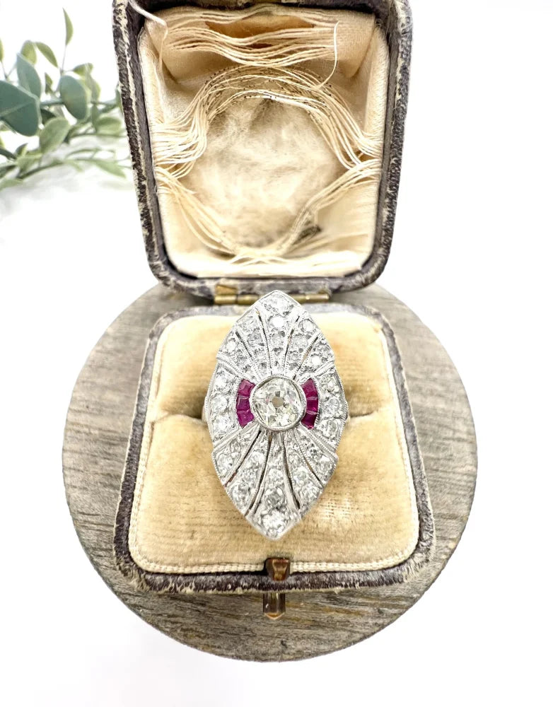 Vintage Diamond and Ruby Cluster Marquise Navette Shaped Ring