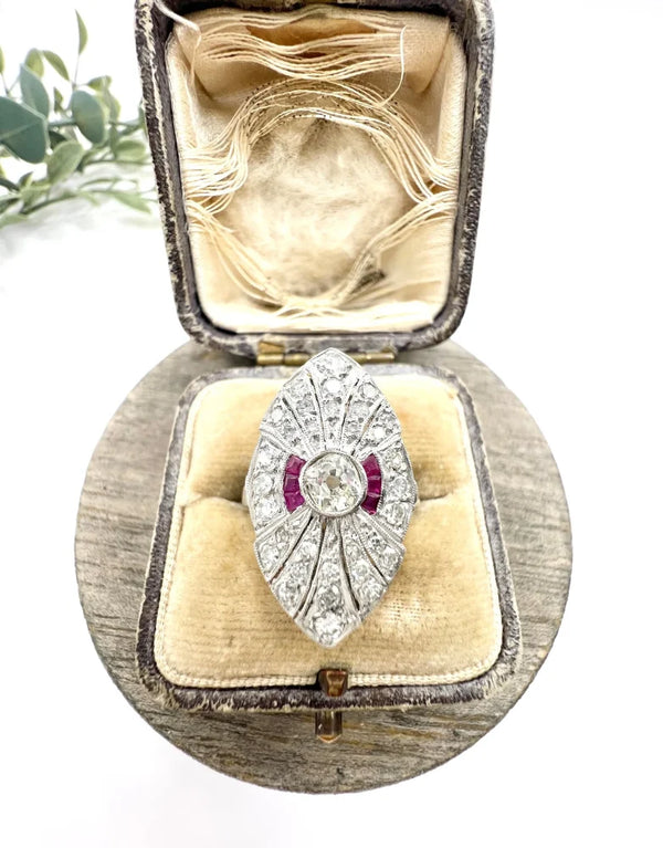 Vintage Diamond and Ruby Cluster Marquise Navette Shaped Ring