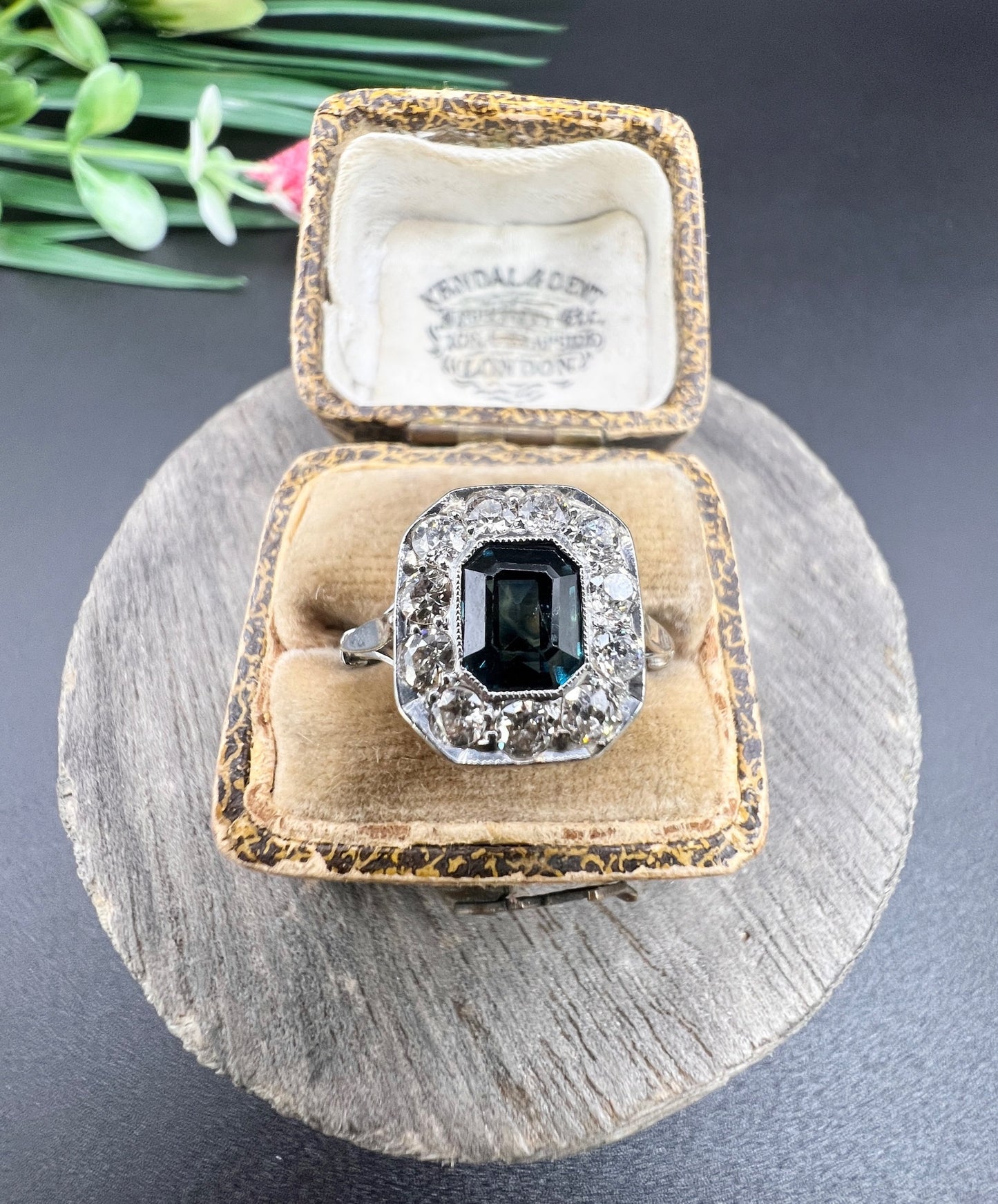 Art Deco Sapphire and Diamond Octagonal Shaped Cluster Engagement Ring 18ct gold and Platinum