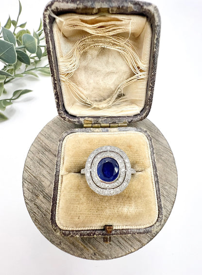 Preloved Vintage Sapphire & Diamond Double Halo Engagement Ring, Target Ring