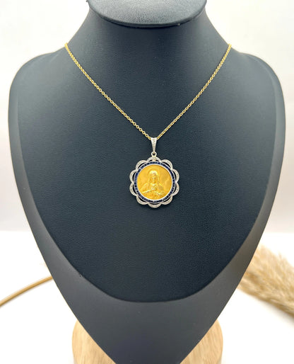 Antique 18 Carat Gold, Platinum and Sapphire Scared Heart Madonna Medal Pendant