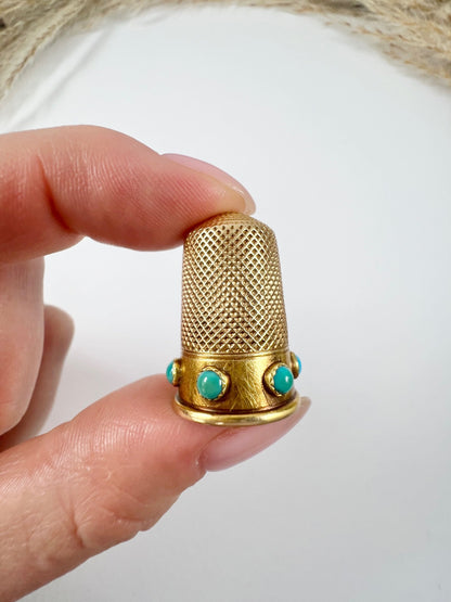 Antique 15ct Yellow Gold & Turquoise Victorian Gold Thimble with Original Antique Box