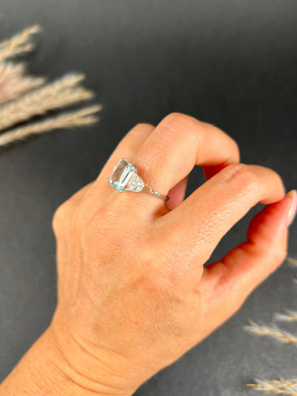 Art Deco 14 Carat White Gold Emerald Cut Aquamarine and Diamond Ring, Circa 1920