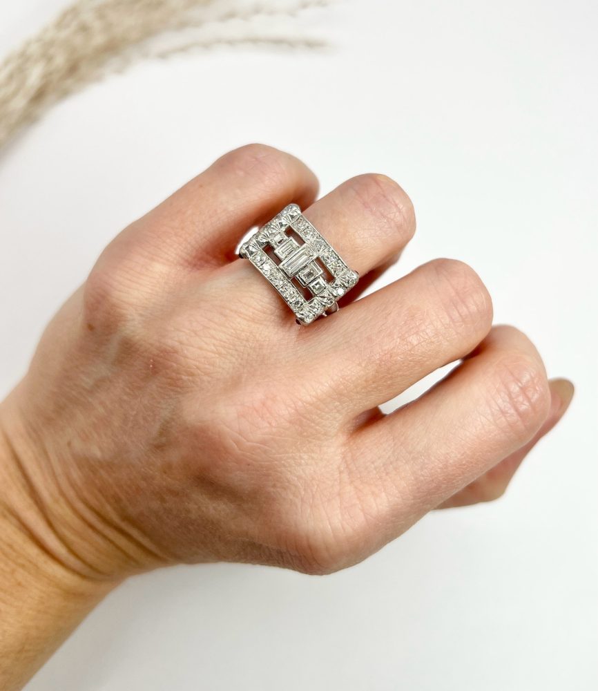 Vintage Diamond And Ruby Buckle Style Cocktail Ring In Platinum