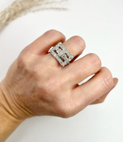 Vintage Diamond And Ruby Buckle Style Cocktail Ring In Platinum
