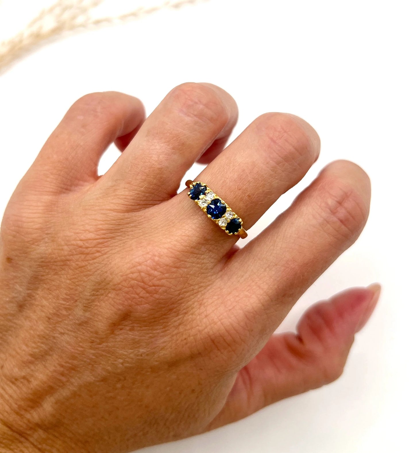 Antique 18 Carat Yellow Gold, Victorian Sapphire And Diamond Carved Seven Stone Ring