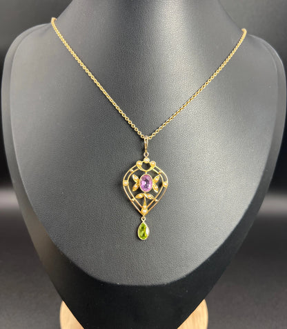 Antique 15 ct Gold Authentic Edwardian Suffragette Pendant set with Amethyst, Peridot And Seed Pearls