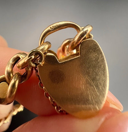 Victorian 15 Carat Yellow Gold Curb Link Turquoise and Pearl Bracelet with Heart Padlock