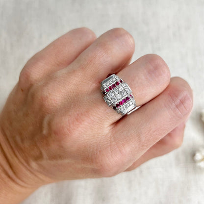 Art Deco Ruby and Diamond Plaque Cluster Tank Ring in Platinum