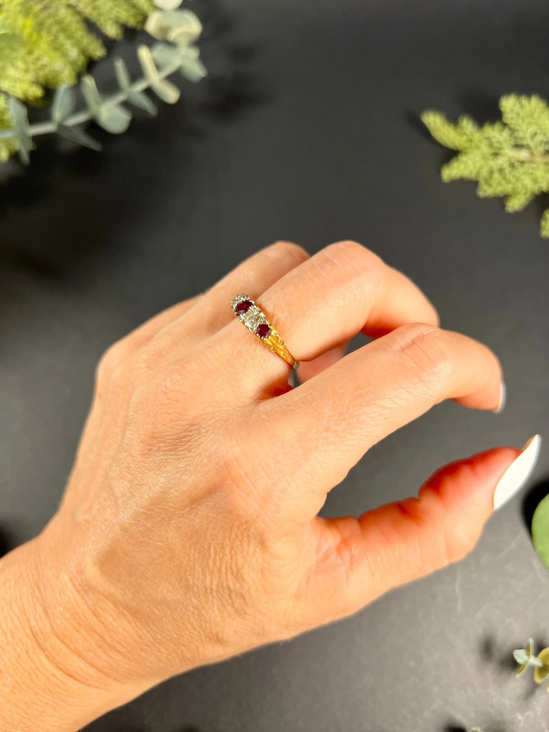 Vintage 18 Carat Yellow Gold Ruby and Diamond Carved Ring, Circa 1980